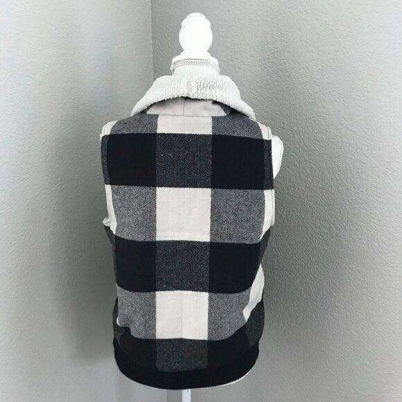 Marine Layer Women Large Black White Buffalo Check Wool Blend Sherpa Vest - Picture 4 of 8